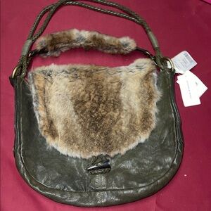 Andrew Marc Green Leather Shoulder Bag with Fur Accent
